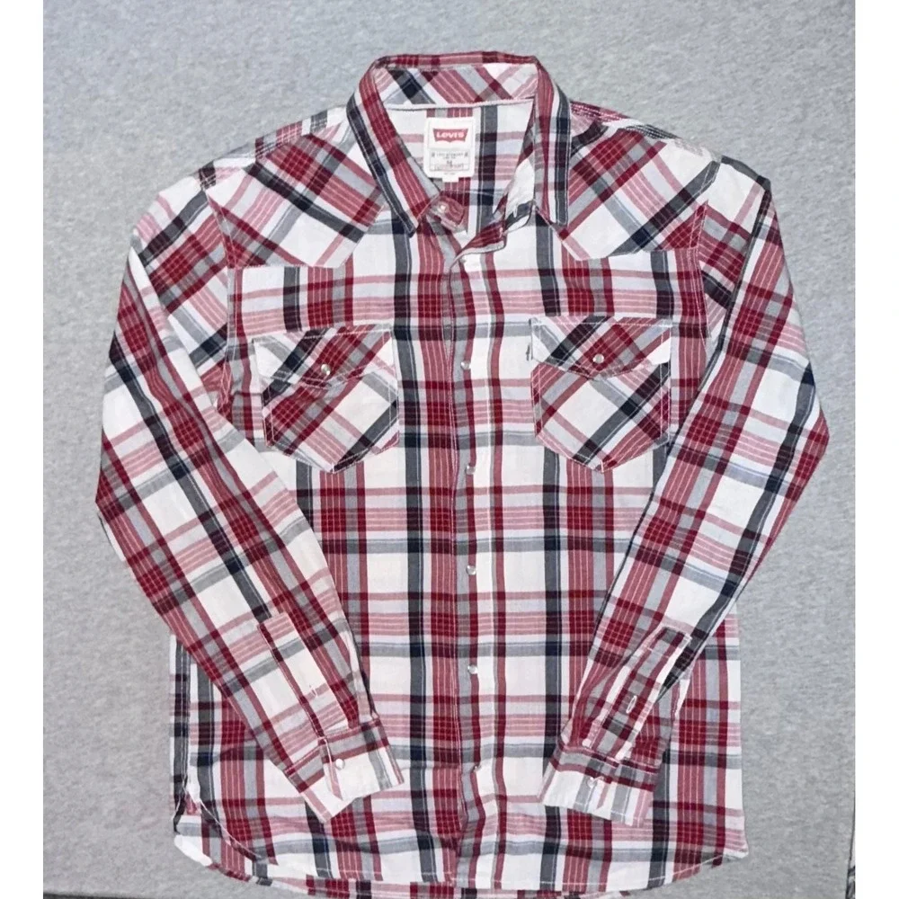 Levis Mens Modern Fit Red Plaid Pearl Snap Shirt Size Medium Cowboy Western